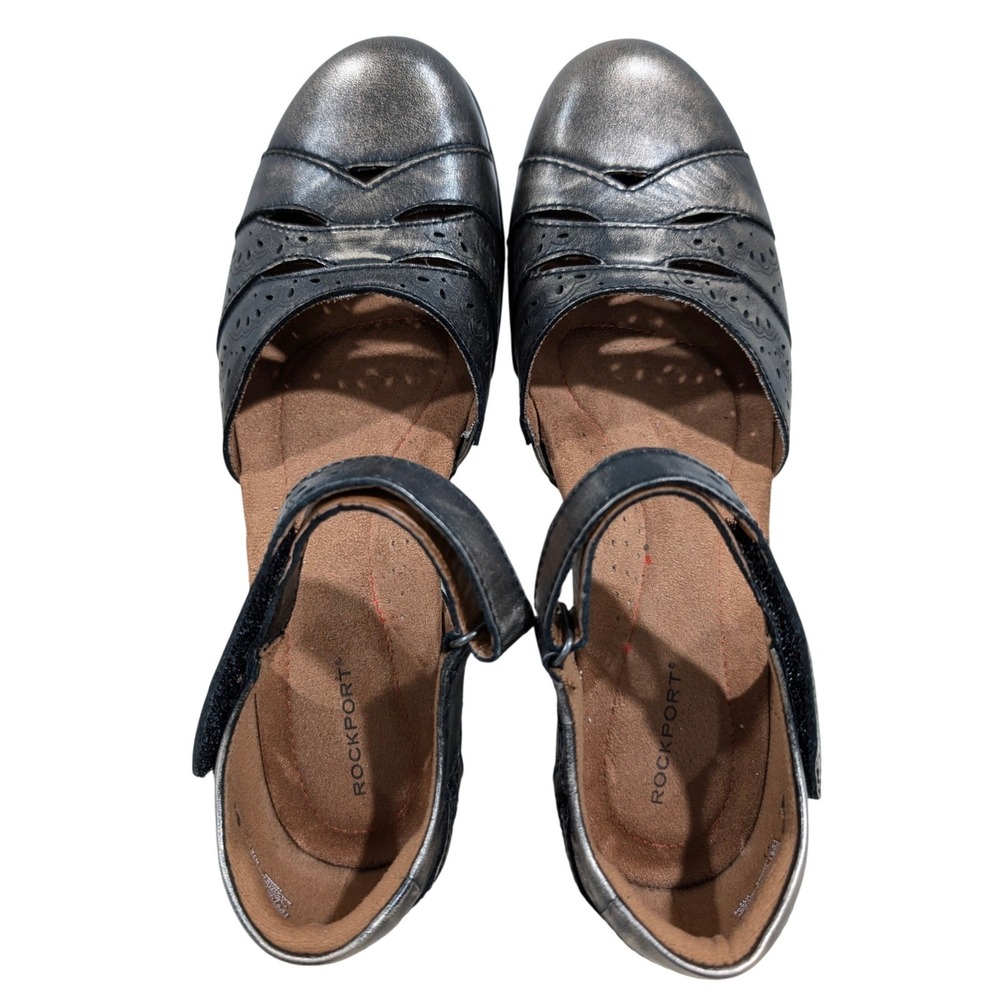 Rockport Metallic Pewter Bronze Leather Mary Jane Comfort Heels Velcro Strap 8.5 - Picture 3 of 12